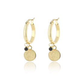 Gold coloured hoop earrings with a coin charm