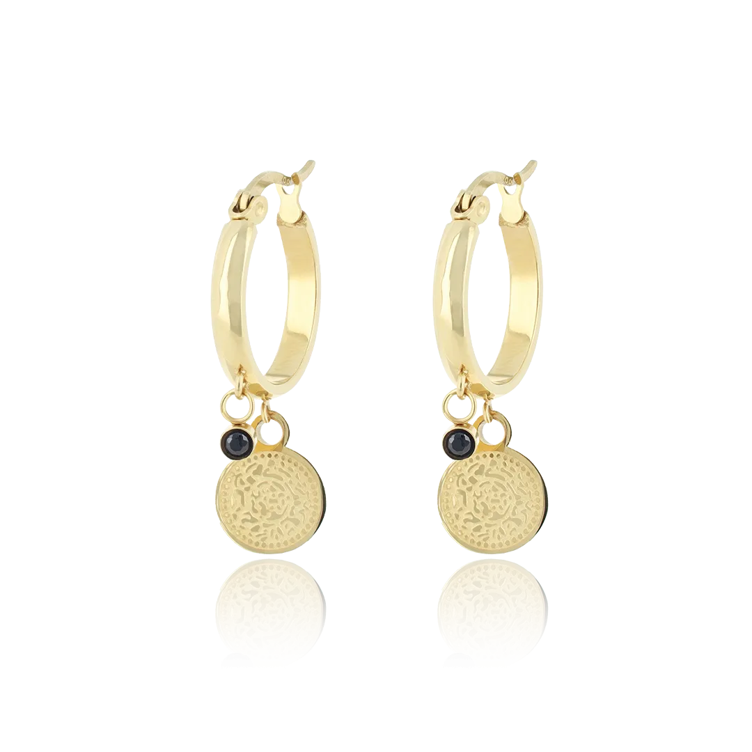 Gold coloured hoop earrings with a coin charm