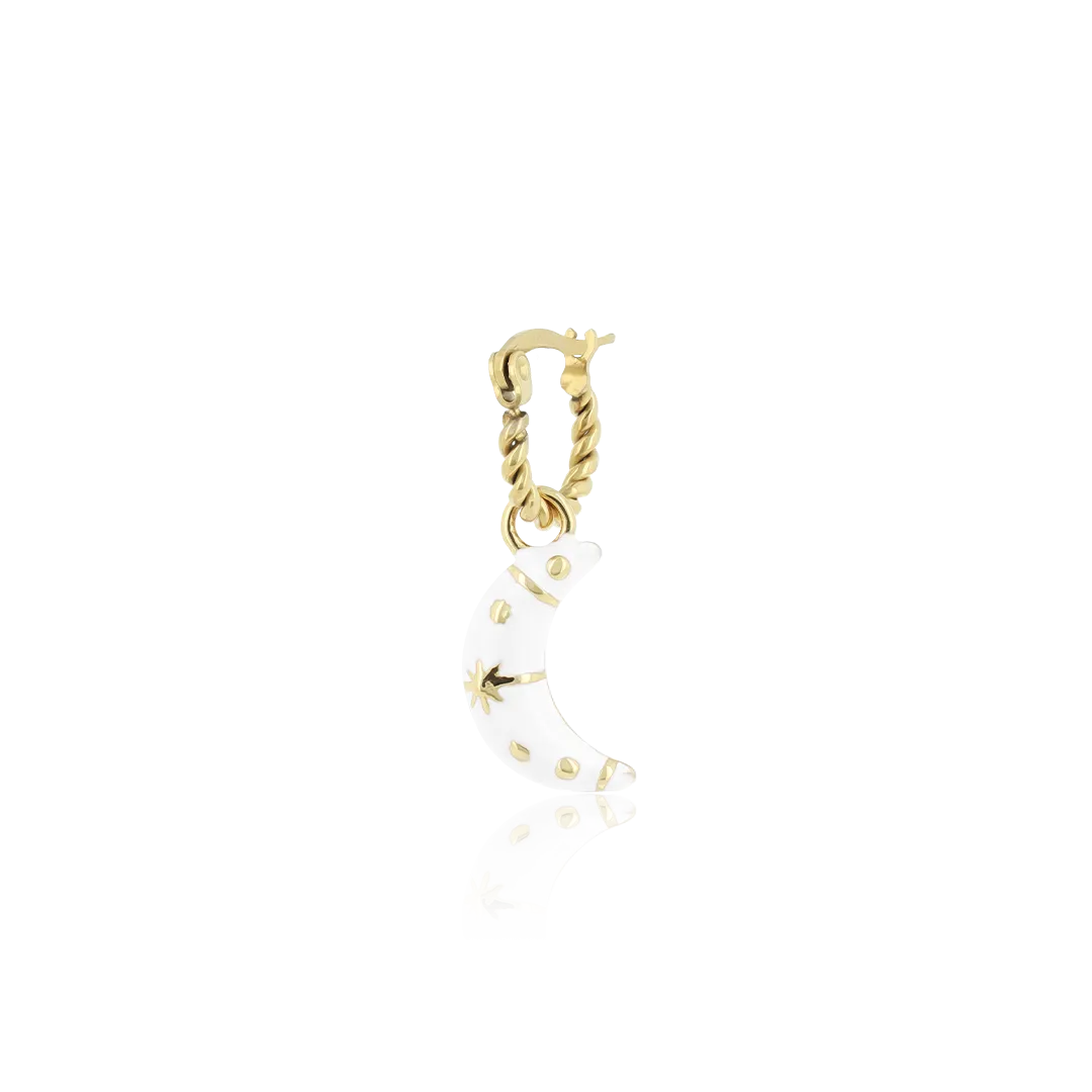 Gold coloured/white hoop earring with a moon charm