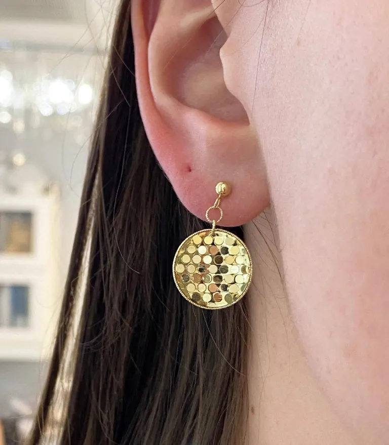 Gold Confetti Disk Earrings, 14k Yellow Gold Shimmer Reflective Earring Dangles