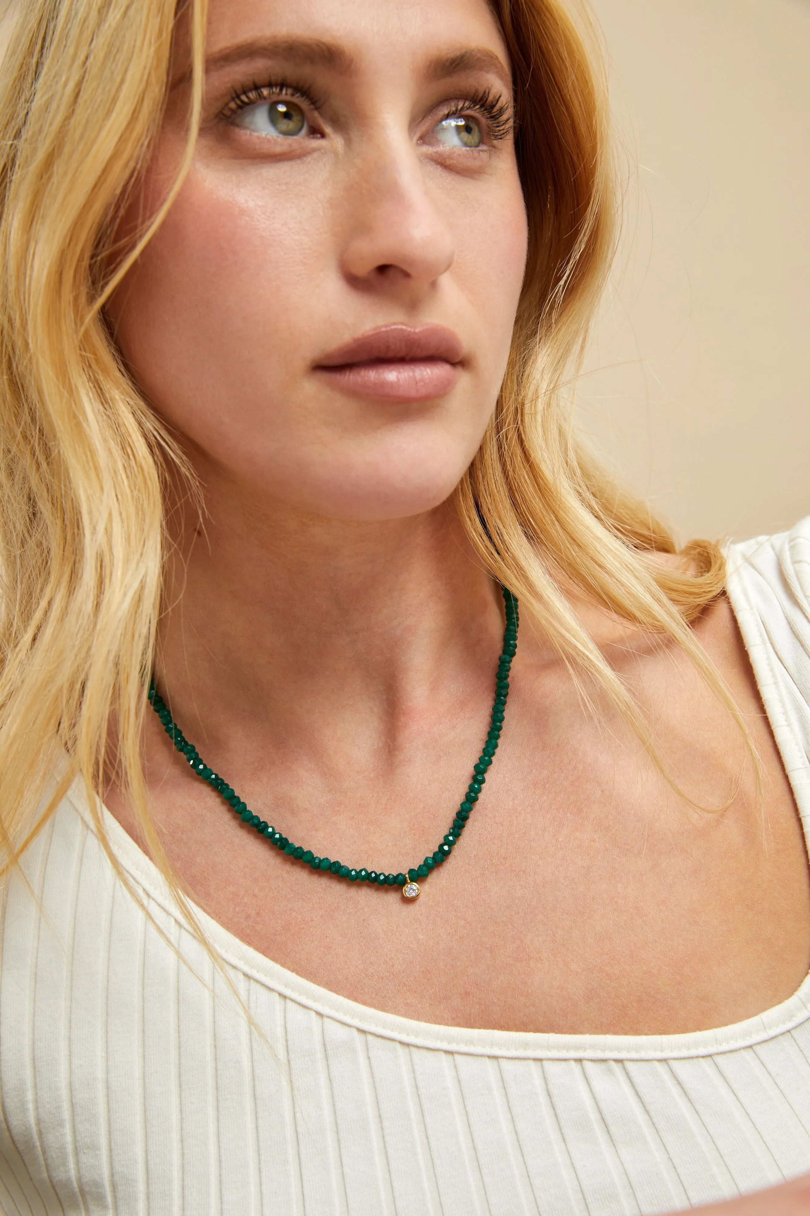 Green Jade and Diamond Necklace - 14K White Gold