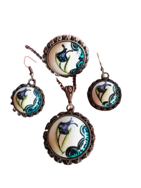 Hand Crafted Jewelry - Ceramic Jewelry Set - Flower Printed Earrings