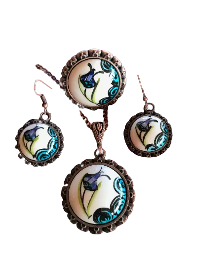 Hand Crafted Jewelry - Ceramic Jewelry Set - Flower Printed Earrings