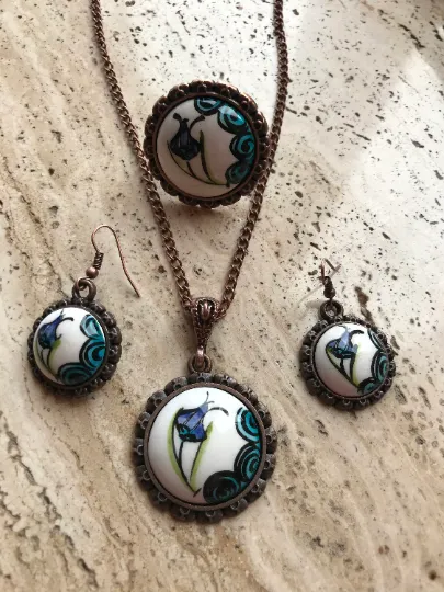 Hand Crafted Jewelry - Ceramic Jewelry Set - Flower Printed Earrings