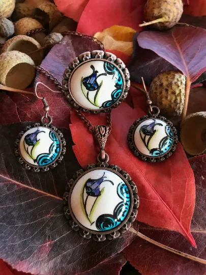 Hand Crafted Jewelry - Ceramic Jewelry Set - Flower Printed Earrings