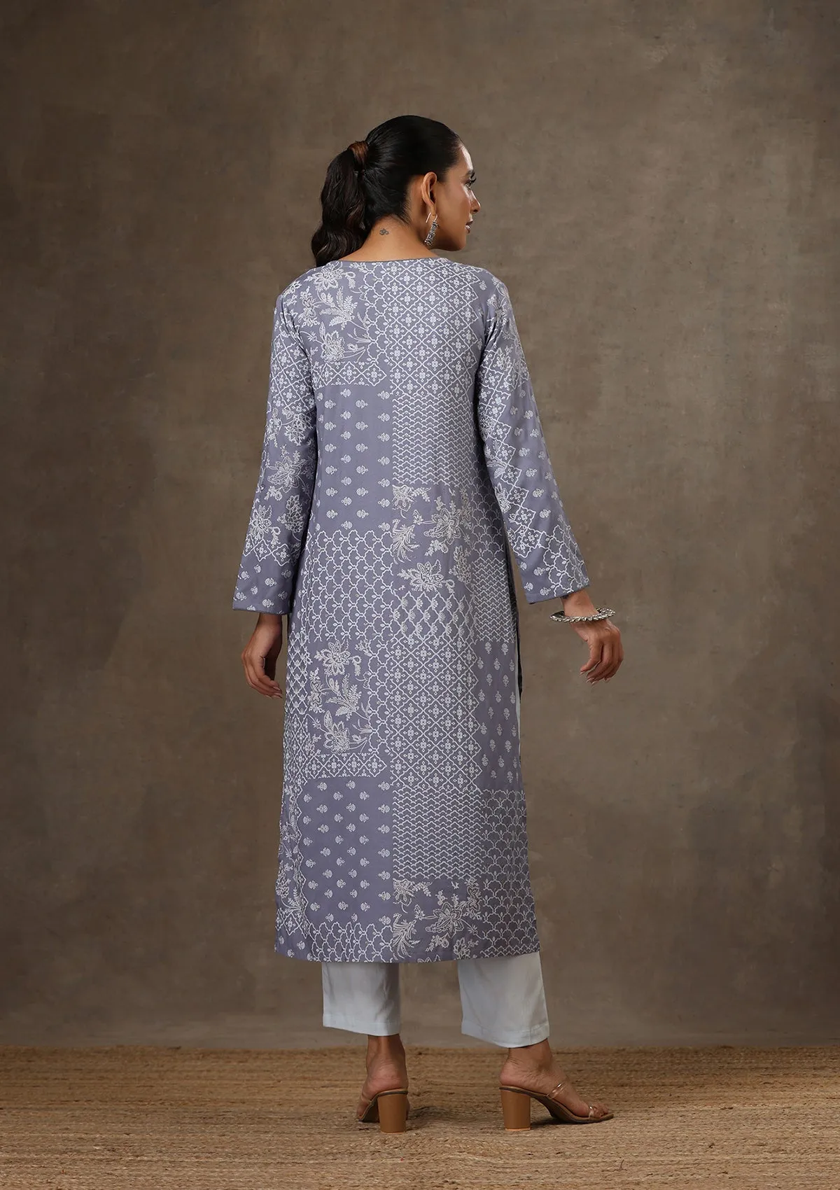 HOC Crafts Rayon Hand Embroidered Printed Women's 2 PC Long Kurta Set - Grey