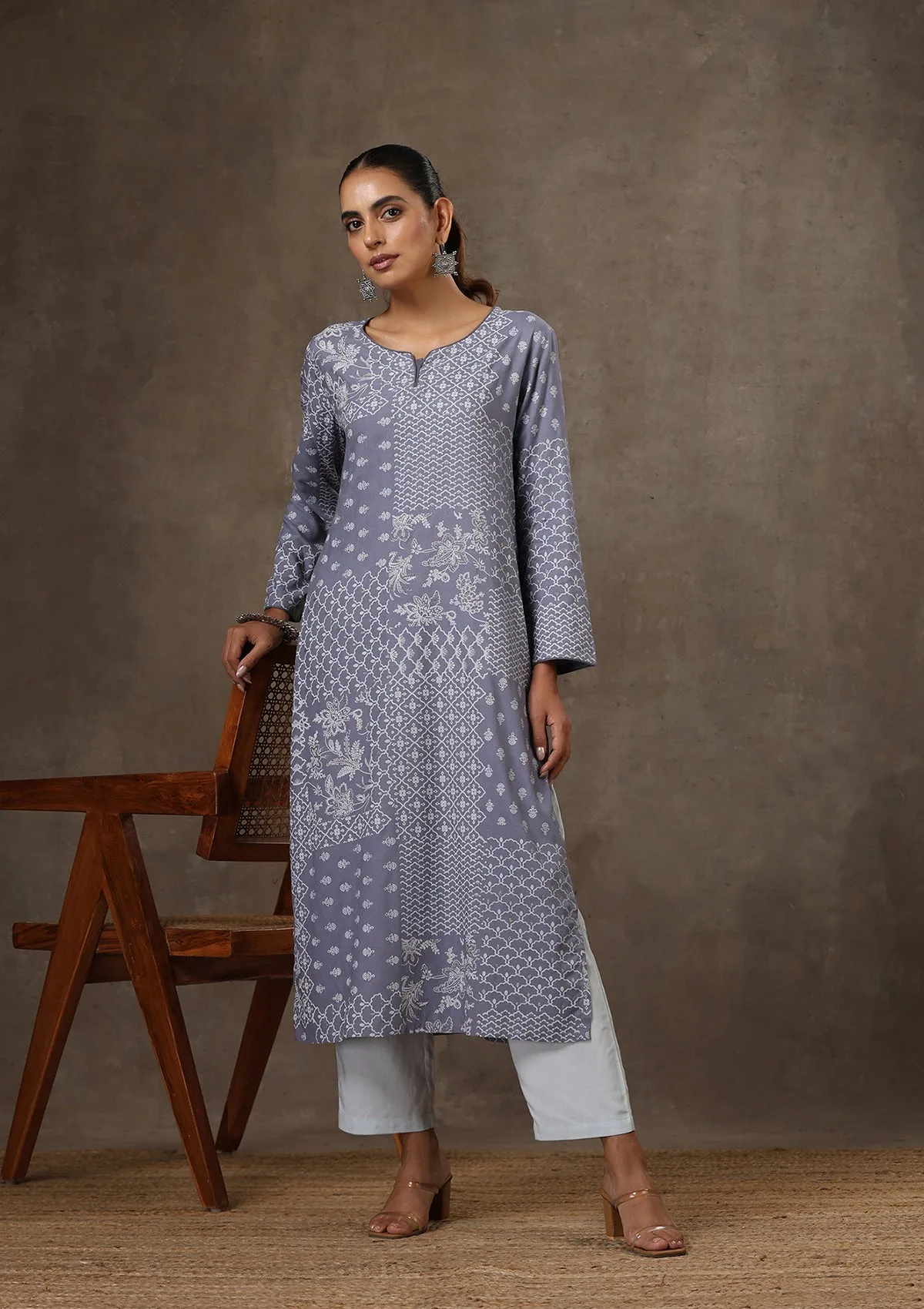 HOC Crafts Rayon Hand Embroidered Printed Women's 2 PC Long Kurta Set - Grey