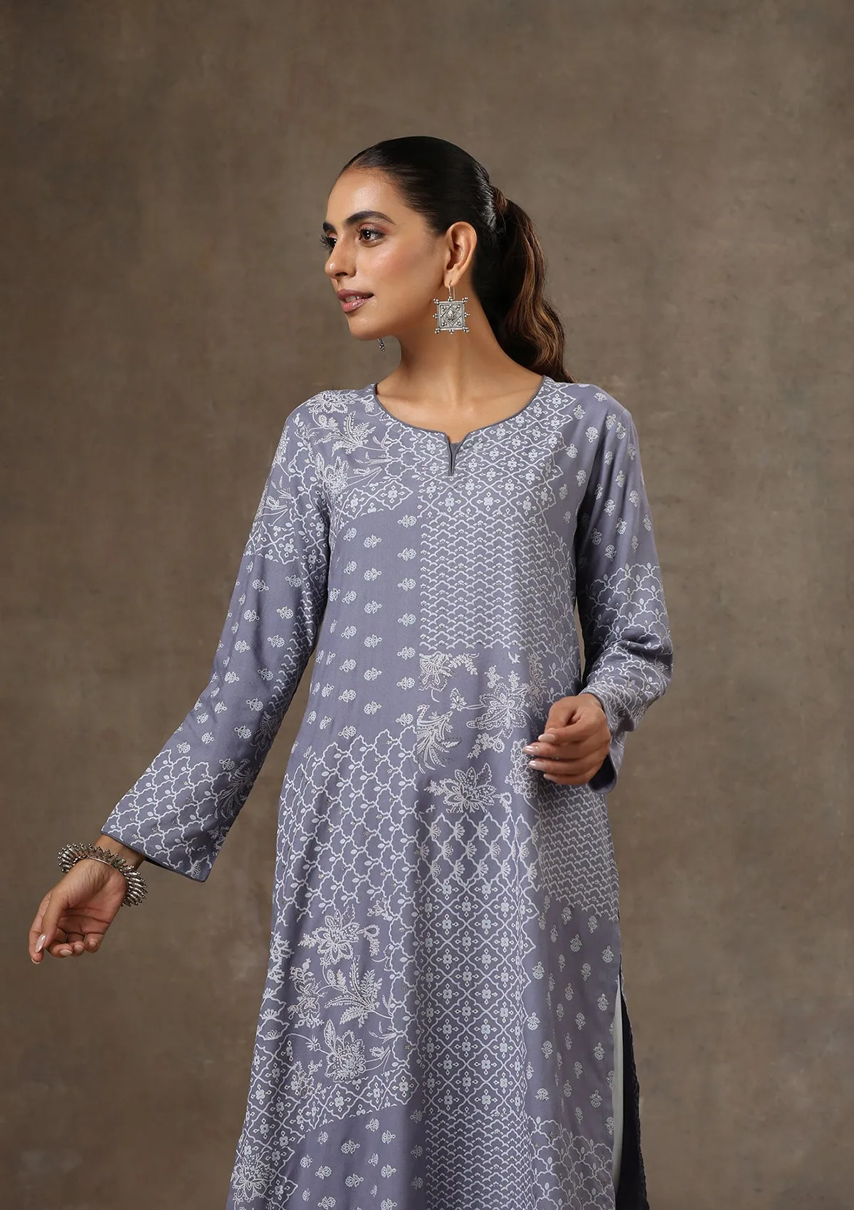 HOC Crafts Rayon Hand Embroidered Printed Women's 2 PC Long Kurta Set - Grey