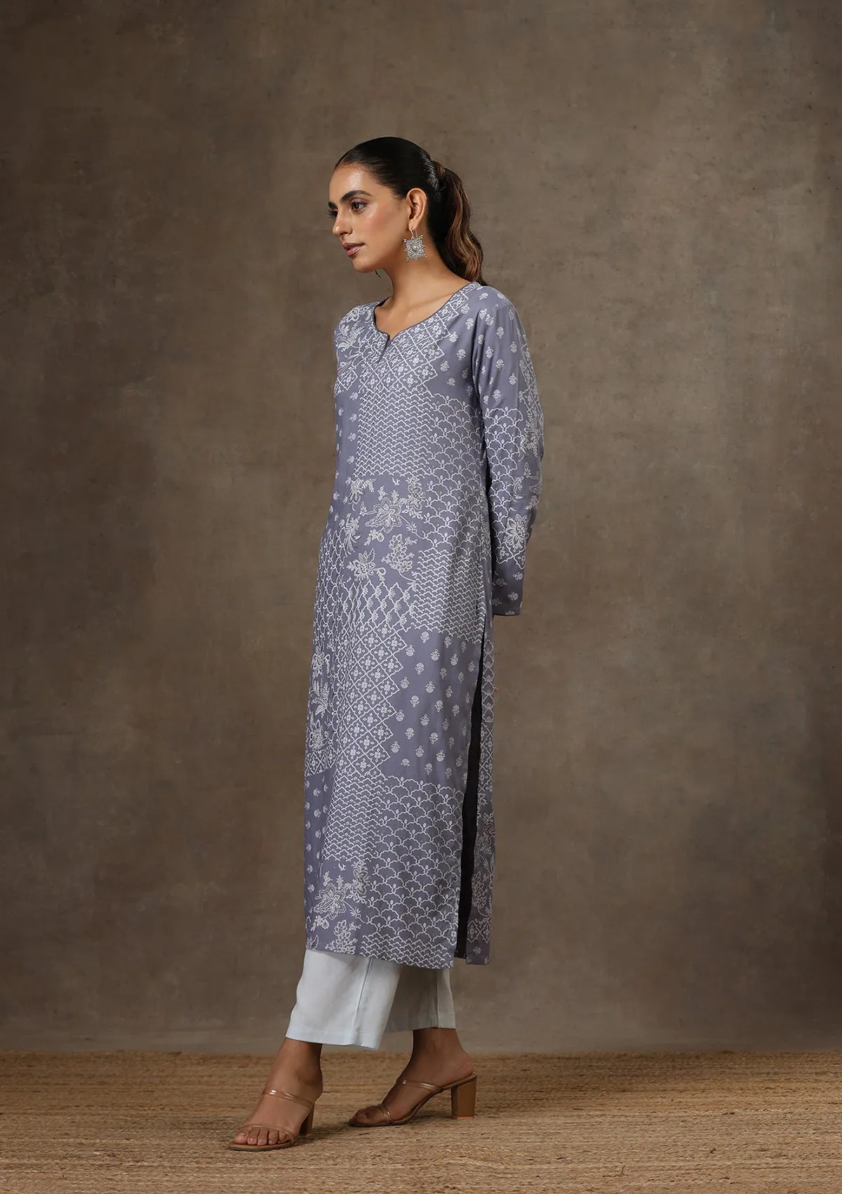 HOC Crafts Rayon Hand Embroidered Printed Women's 2 PC Long Kurta Set - Grey