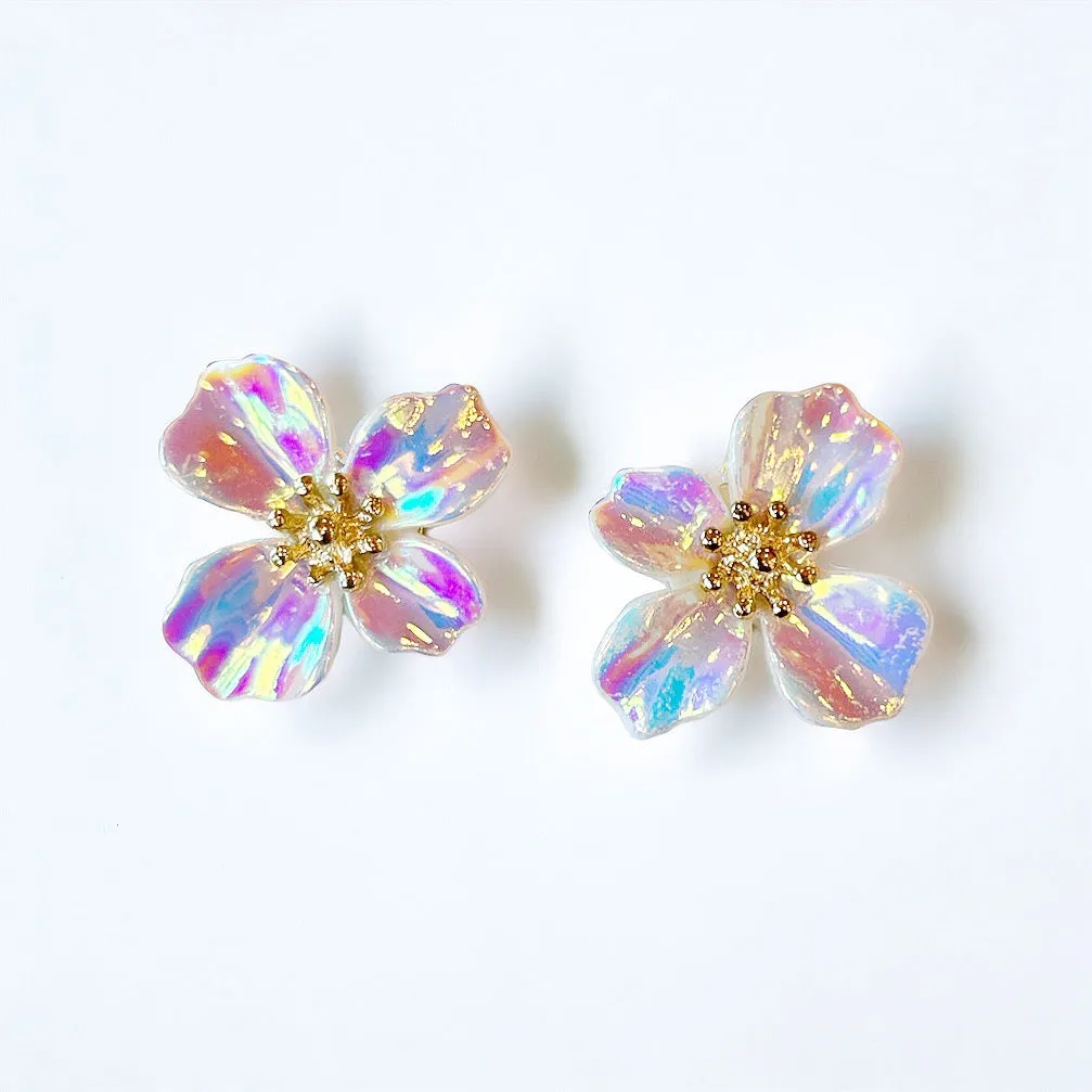 Iridescent White Flower Studs