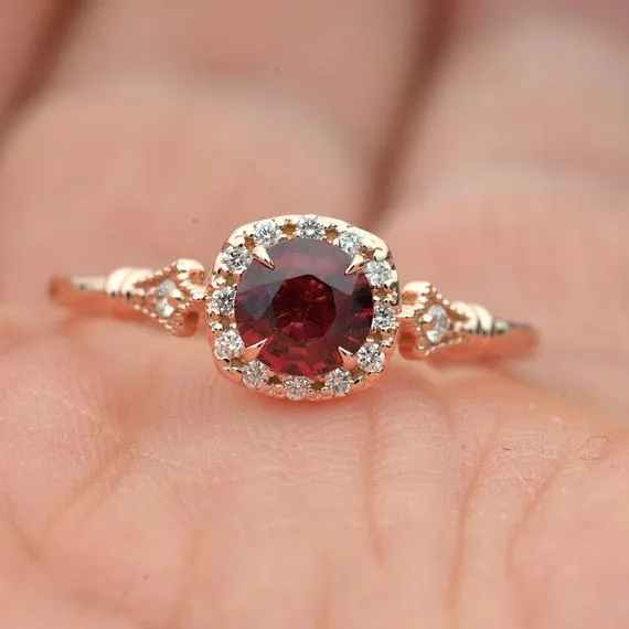 Jazzlyn Red Garnet Cushion style halo engagement ring