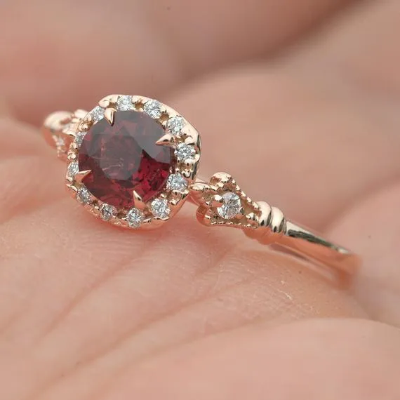 Jazzlyn Red Garnet Cushion style halo engagement ring