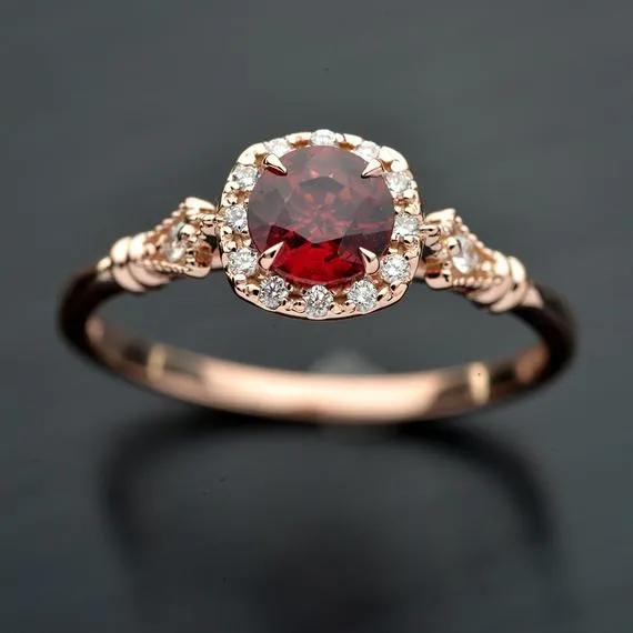 Jazzlyn Red Garnet Cushion style halo engagement ring