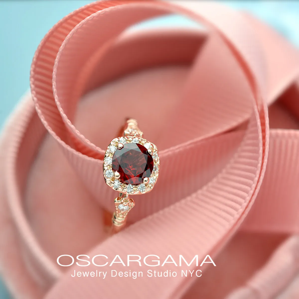 Jazzlyn Red Garnet Cushion style halo engagement ring