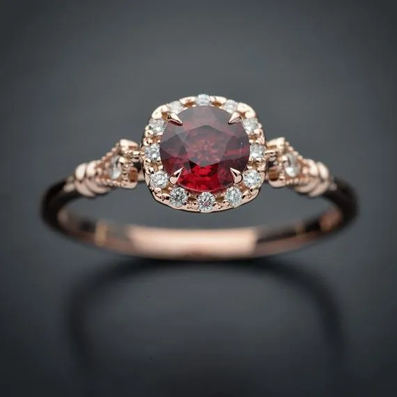 Jazzlyn Red Garnet Cushion style halo engagement ring