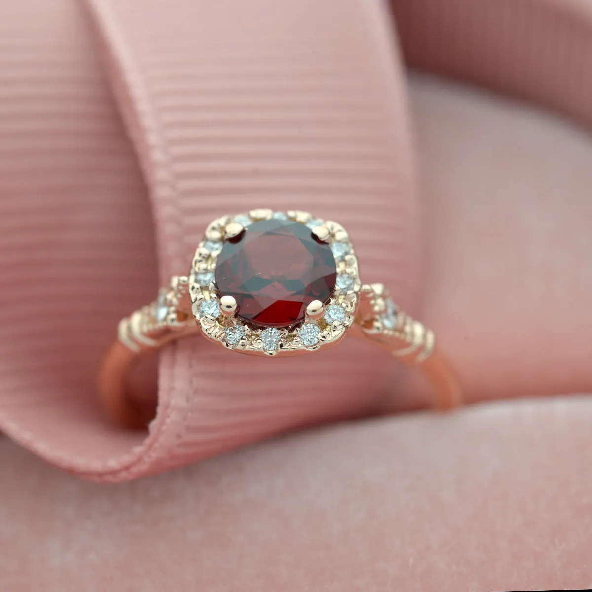 Jazzlyn Red Garnet Cushion style halo engagement ring