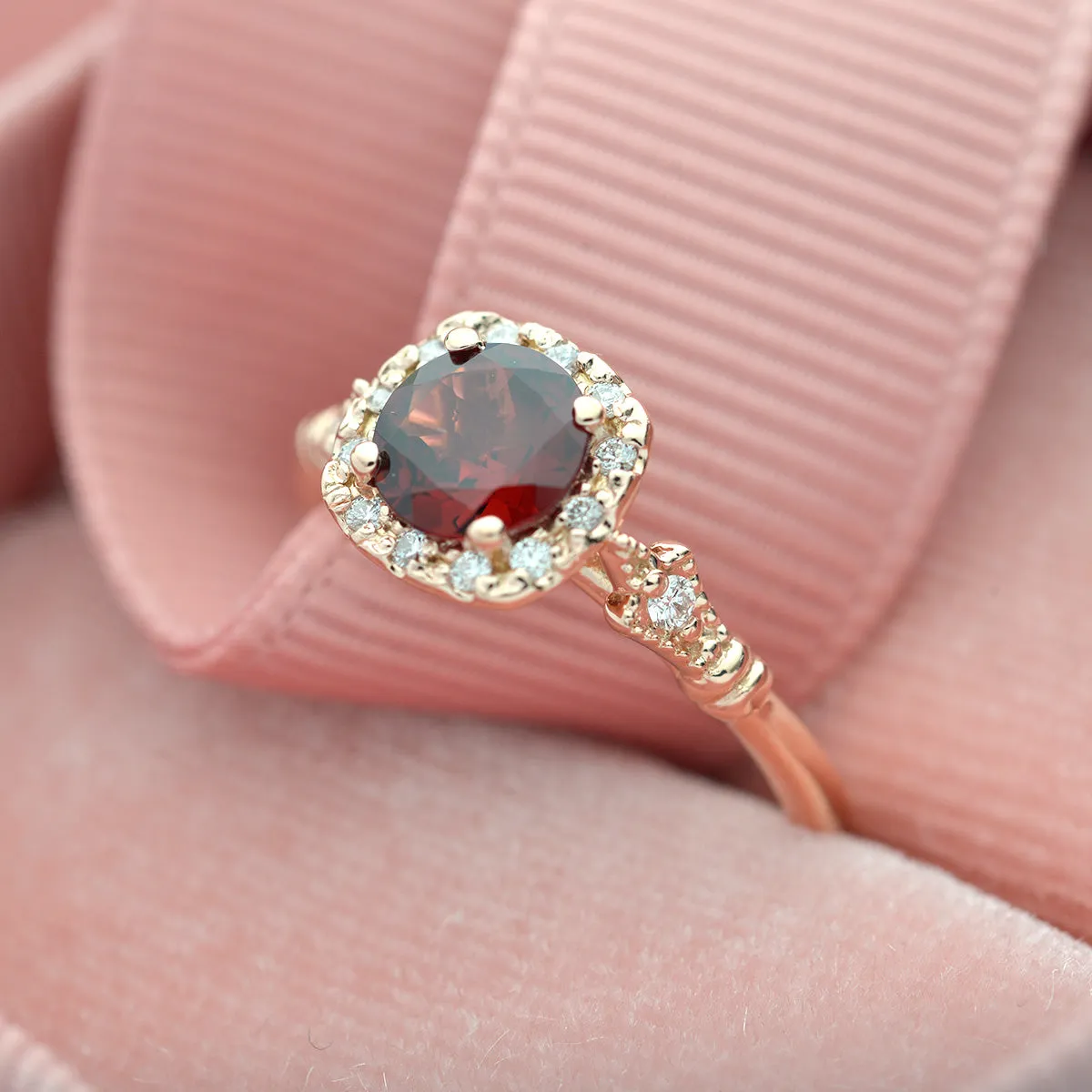 Jazzlyn Red Garnet Cushion style halo engagement ring