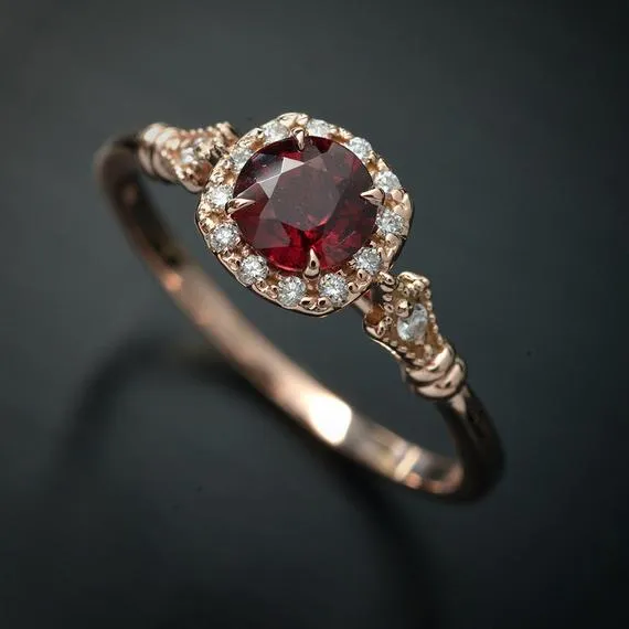 Jazzlyn Red Garnet Cushion style halo engagement ring