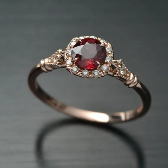 Jazzlyn Red Garnet Cushion style halo engagement ring