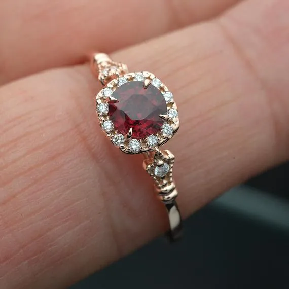 Jazzlyn Red Garnet Cushion style halo engagement ring