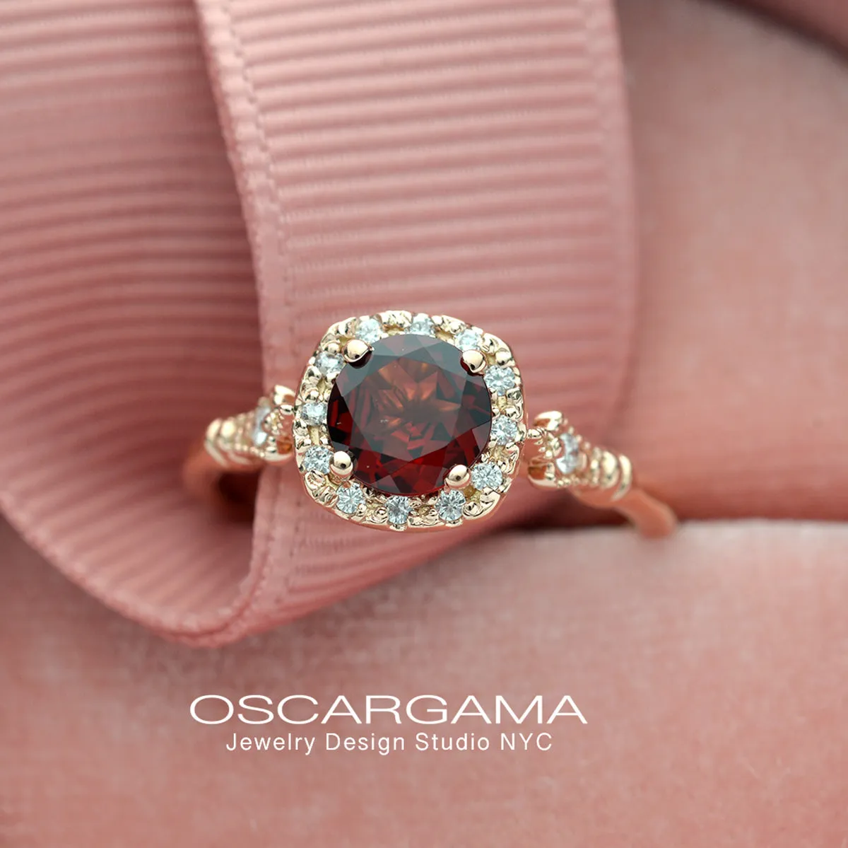 Jazzlyn Red Garnet Cushion style halo engagement ring