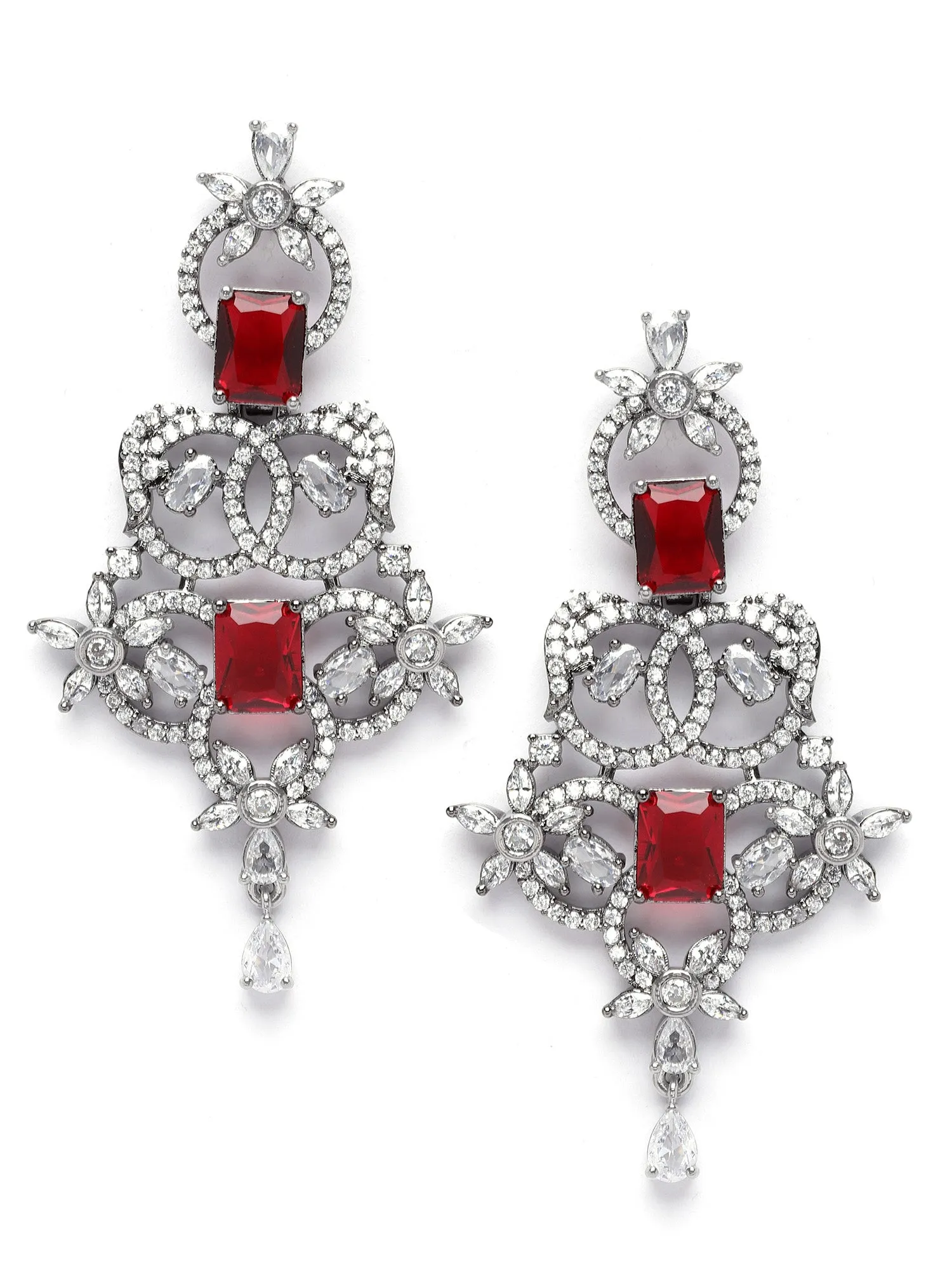 Karatcart Black Plated Red Cubic Zirconia Studded Drop Earrings for Women