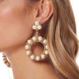 Light Antique Gold and Crystal Clip Earring with 10mm Pearl Balls