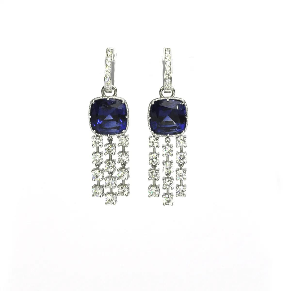 Luxury Dangles - 18 Karat White Gold Blue Sapphire & Diamond Earrings