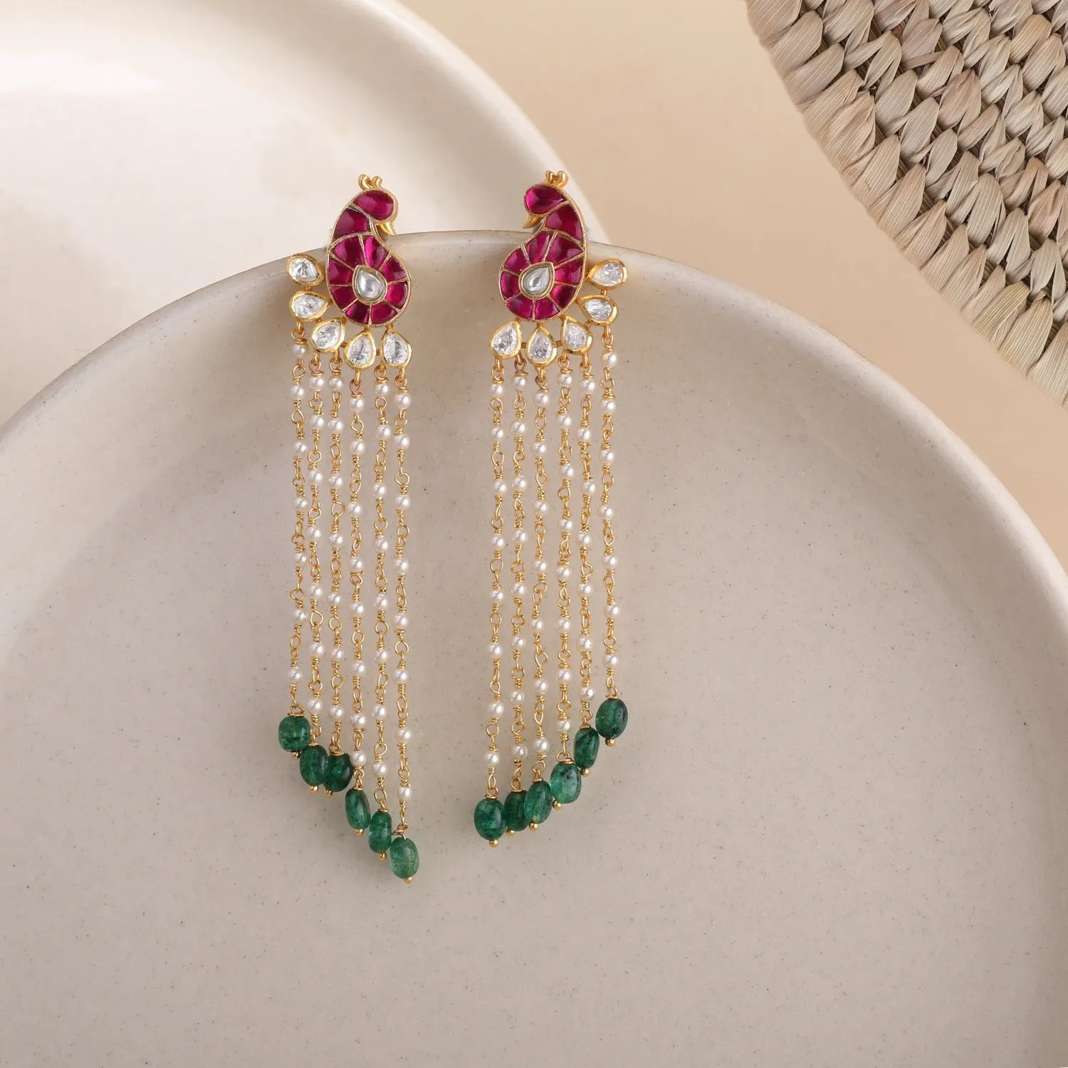 Mayur Jadau and Pearl chain Silver Earrings