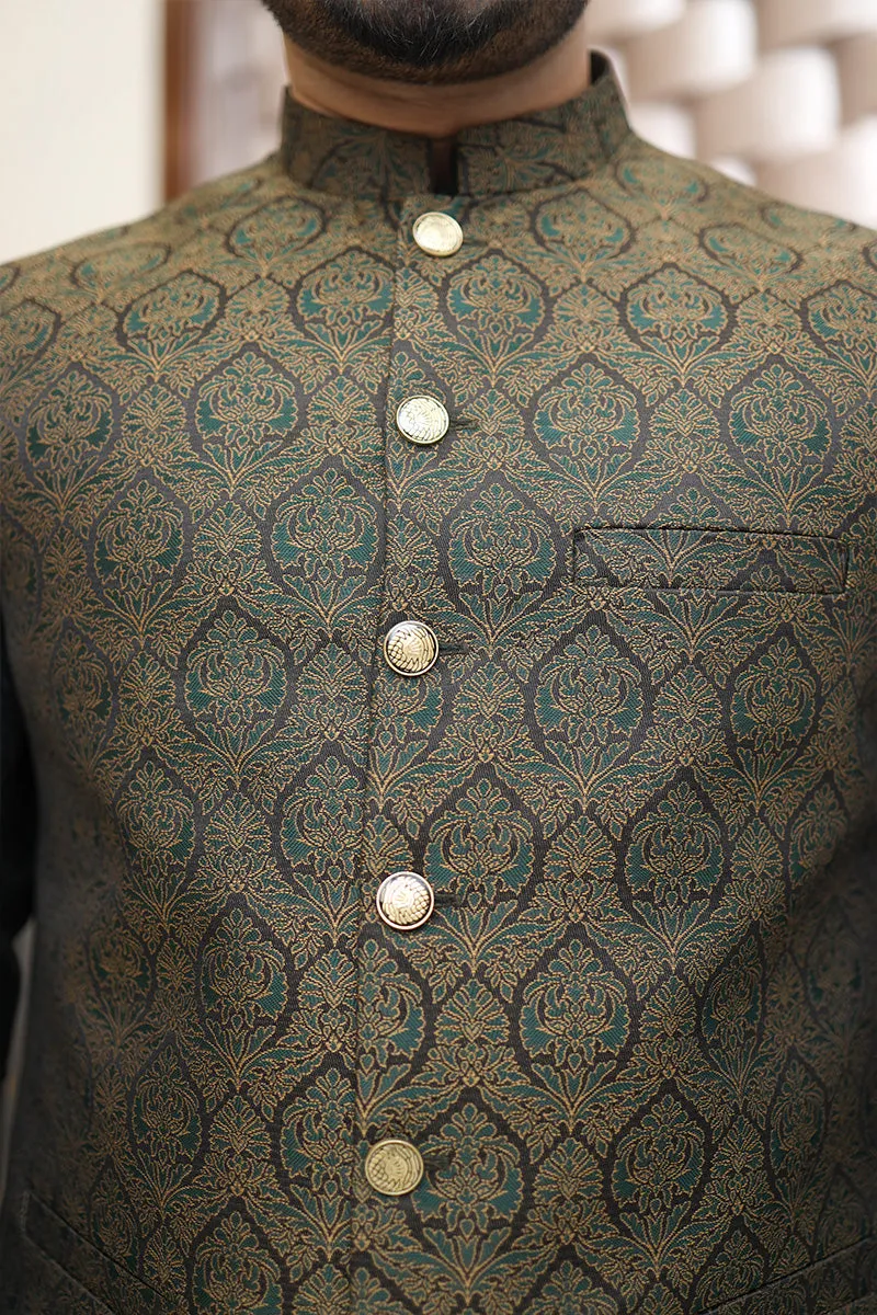 Men Self Printed Jamawar Waistcoat Green