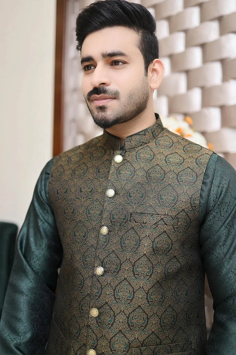 Men Self Printed Jamawar Waistcoat Green