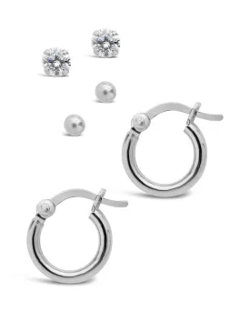 Men's Sterling Silver Stud & Hoop Earring Set of 3