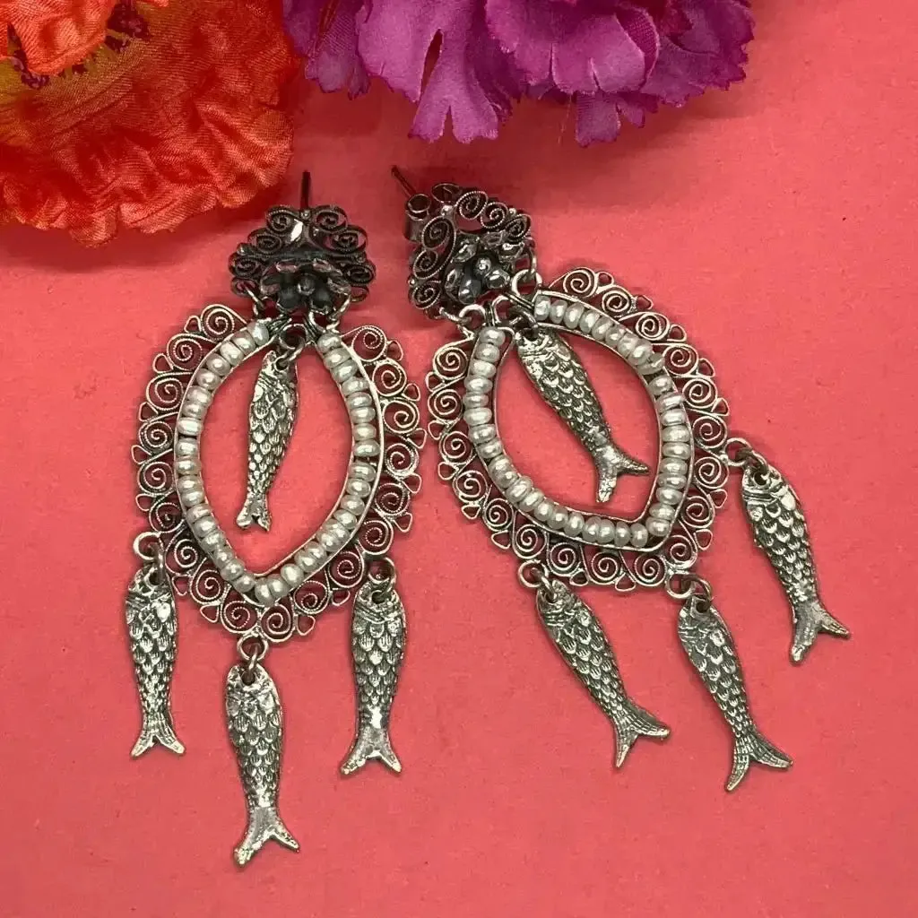 Mexican Oaxacan  pearl  silver filigree fish earrings- Long, dangles, Frida Kahlo style