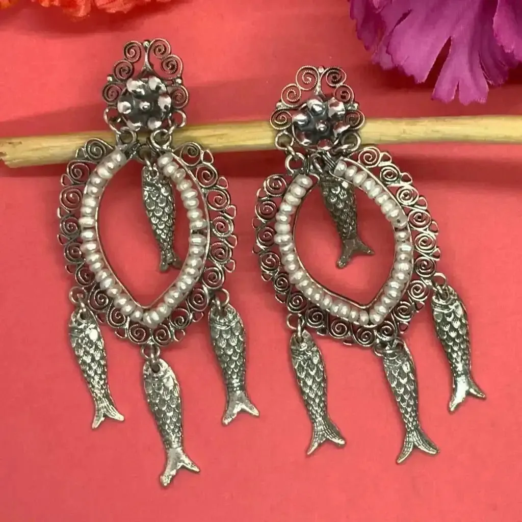 Mexican Oaxacan  pearl  silver filigree fish earrings- Long, dangles, Frida Kahlo style