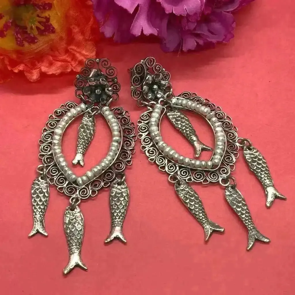 Mexican Oaxacan  pearl  silver filigree fish earrings- Long, dangles, Frida Kahlo style