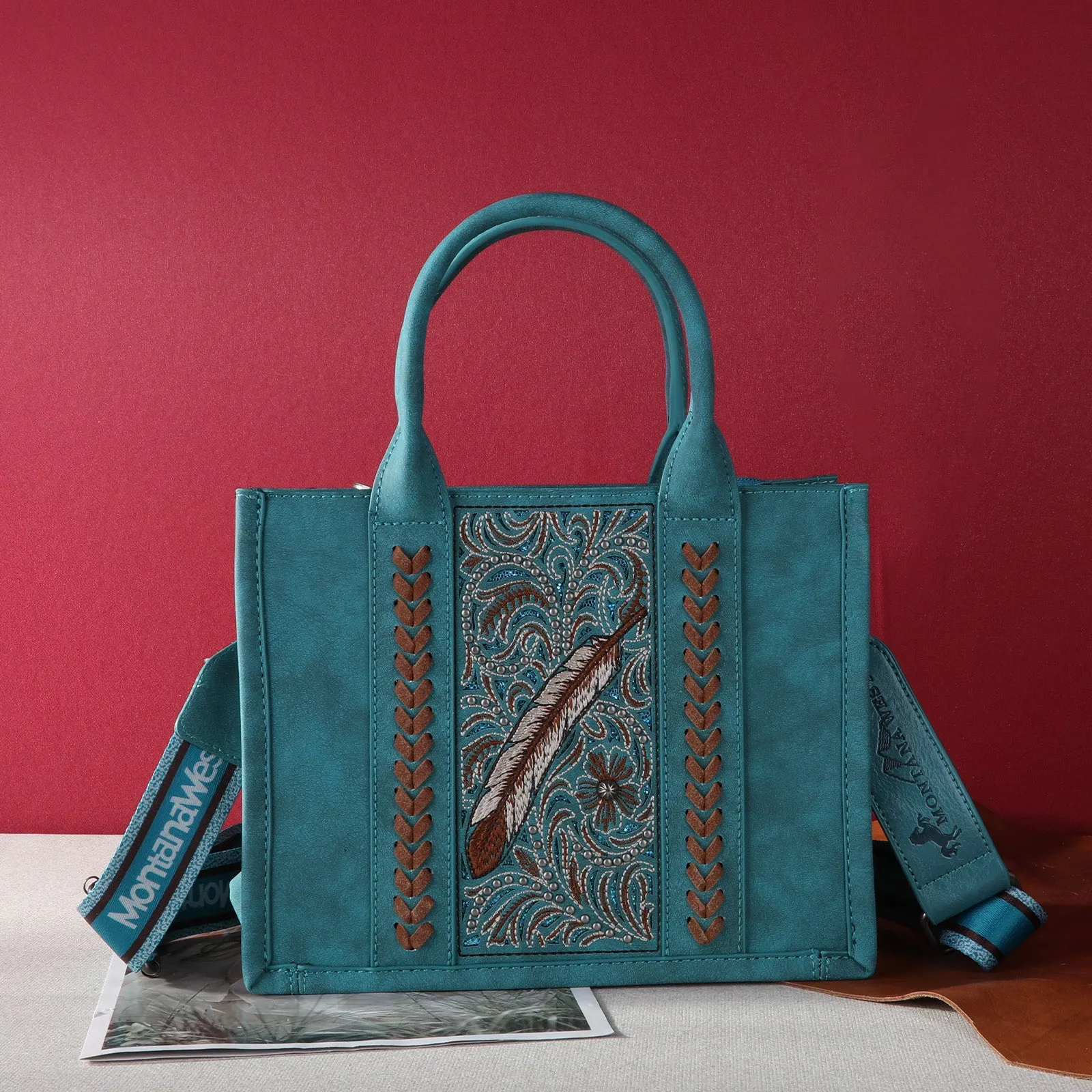 MWF1022-8120S   Montana West Embroidered Feather Tote/Crossbody - Turquoise