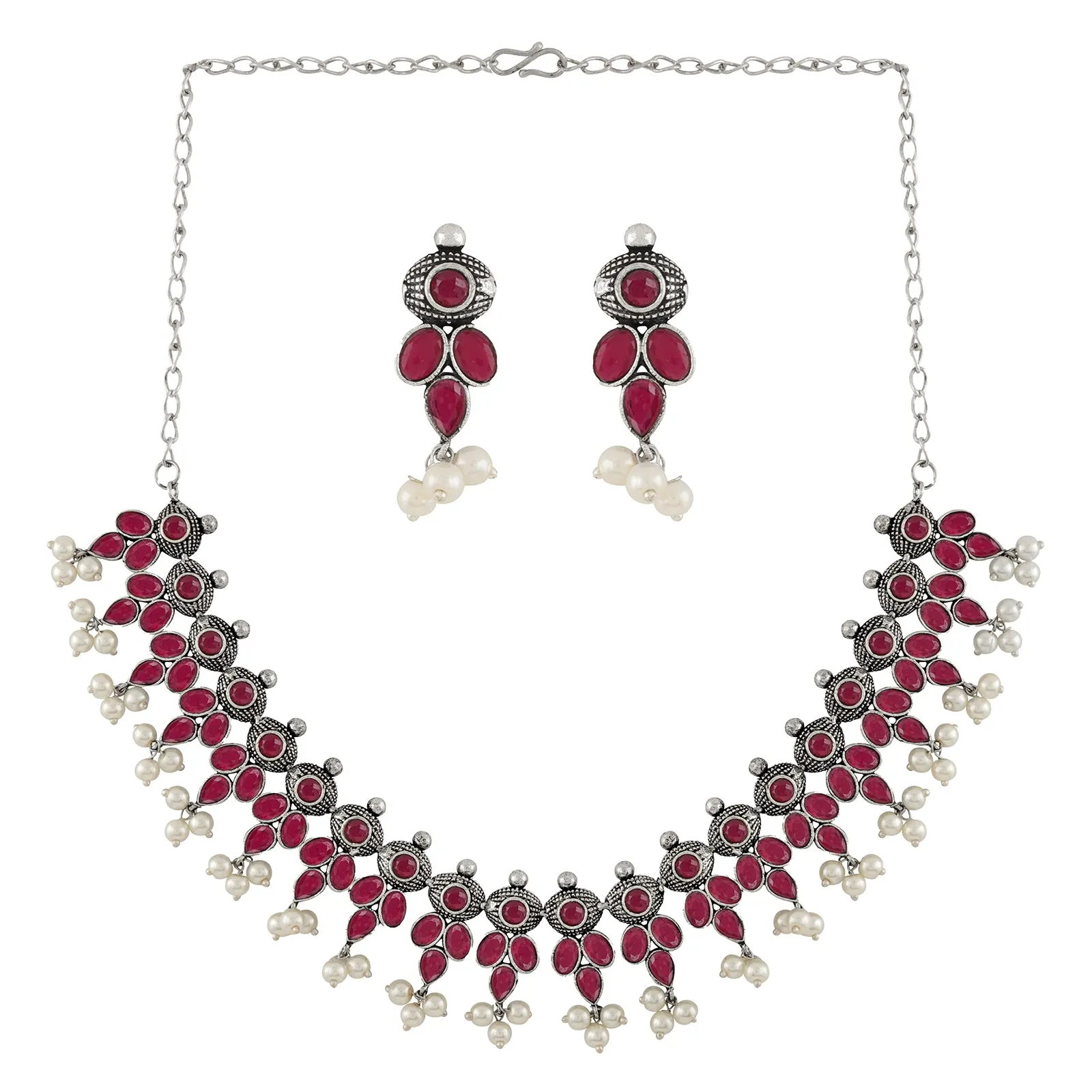 Nishan Silver Oxidised Red Stone and Pearl Necklace Set