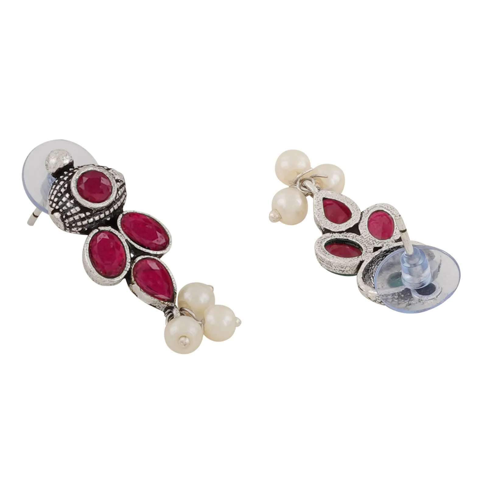 Nishan Silver Oxidised Red Stone and Pearl Necklace Set