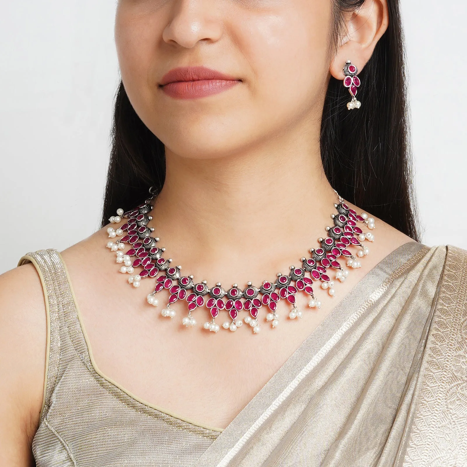 Nishan Silver Oxidised Red Stone and Pearl Necklace Set