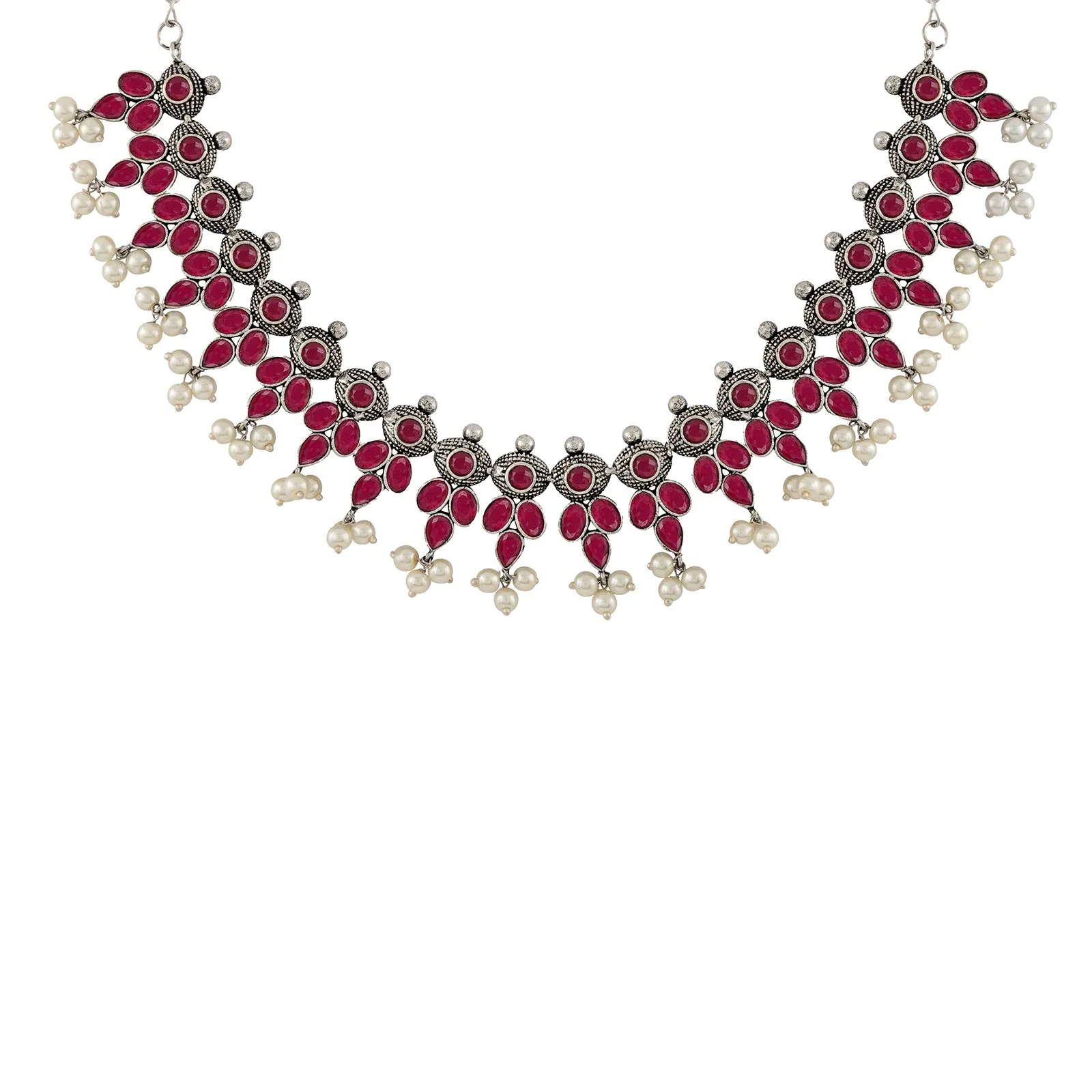 Nishan Silver Oxidised Red Stone and Pearl Necklace Set