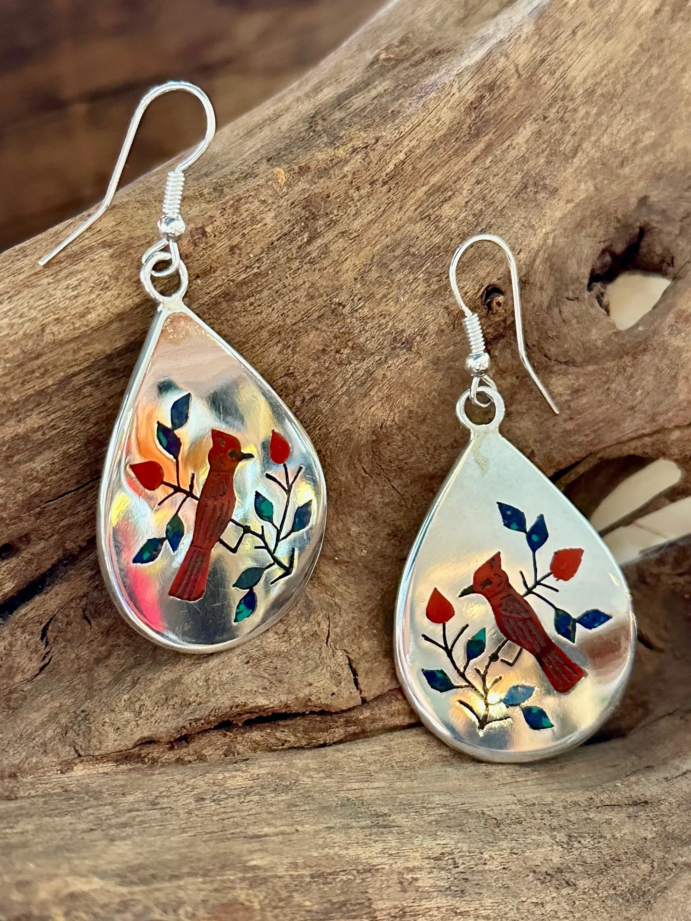 RAYMOND BOYD Navajo, Cardinal Multi-Stone Inlay Sterling Silver Dangle Earrings