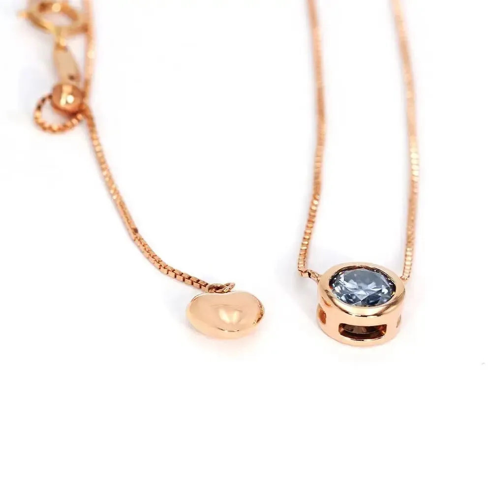 Ready Made | 0.5 Carat Light Blue Grey Moissanite Round Solitaire Bezel 18K Rose Gold Pendant with Heart Chain