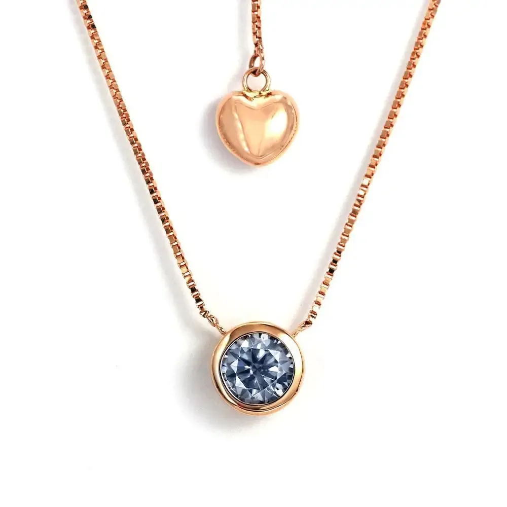 Ready Made | 0.5 Carat Light Blue Grey Moissanite Round Solitaire Bezel 18K Rose Gold Pendant with Heart Chain