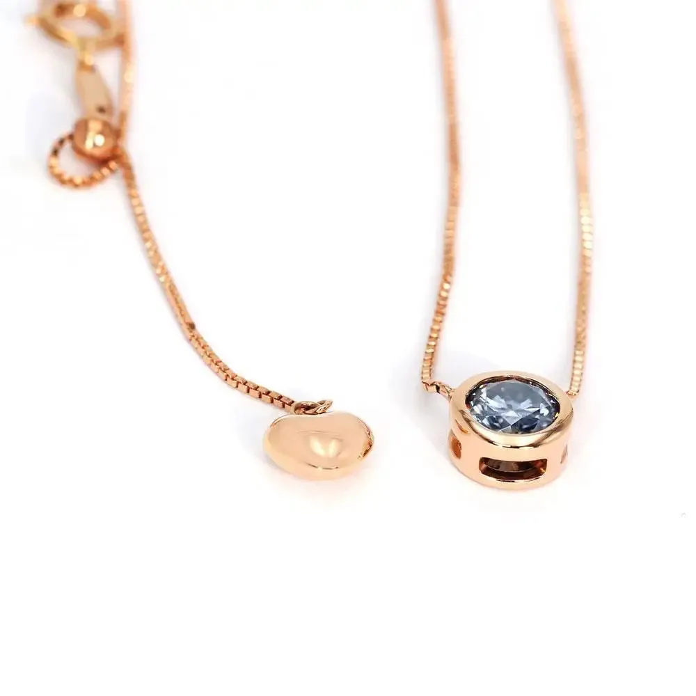 Ready Made | 0.8 Carat Light Blue Grey Moissanite Round Solitaire Bezel 18K Rose Gold Pendant with Heart Chain