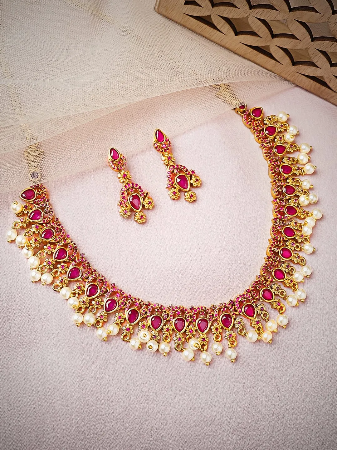 Rubans 24K Gold Plated Ruby Studded & Pearl Beaded Necklace Set