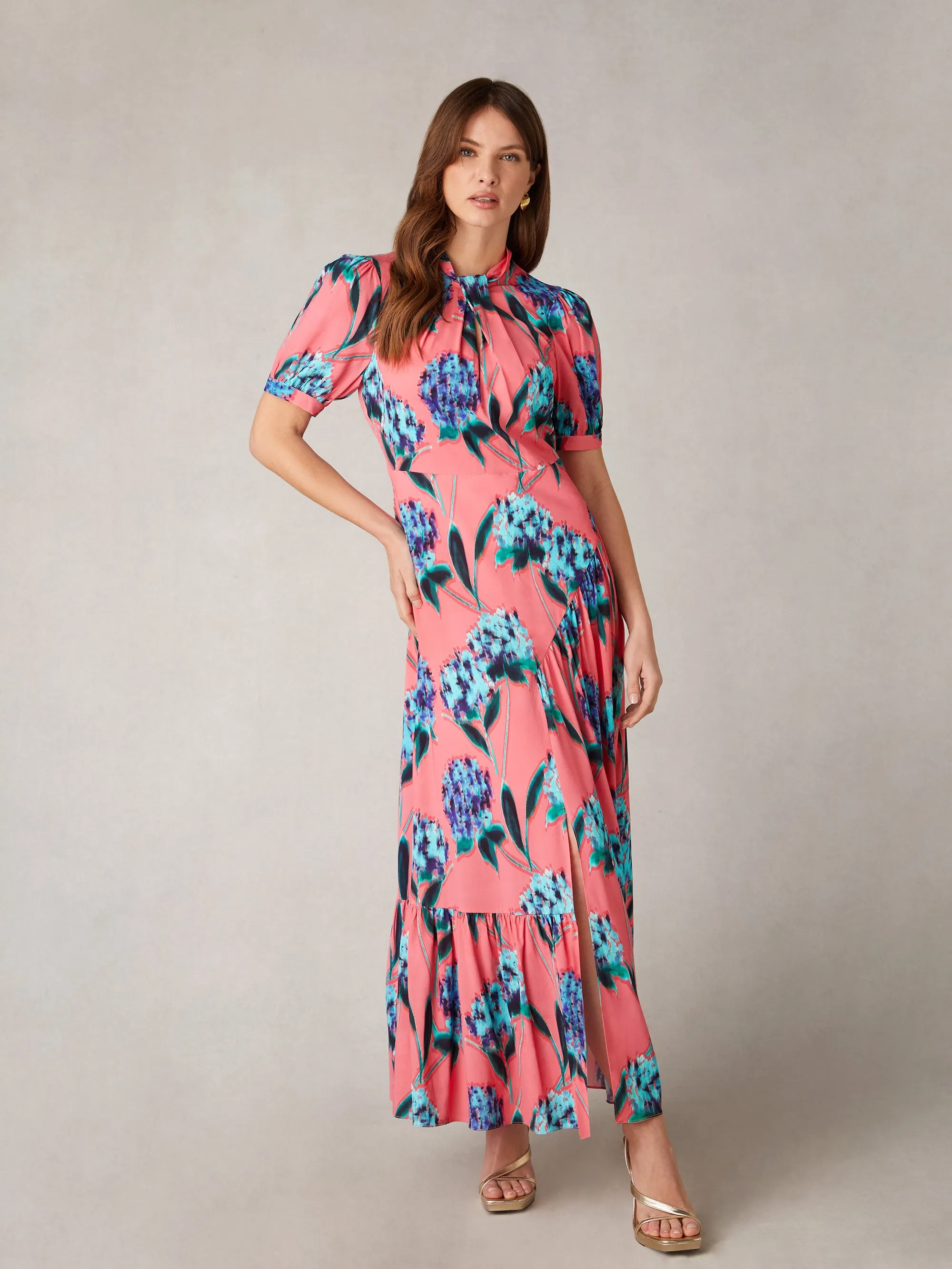 Scarlett Pink Floral Print Twist Neck Maxi Dress