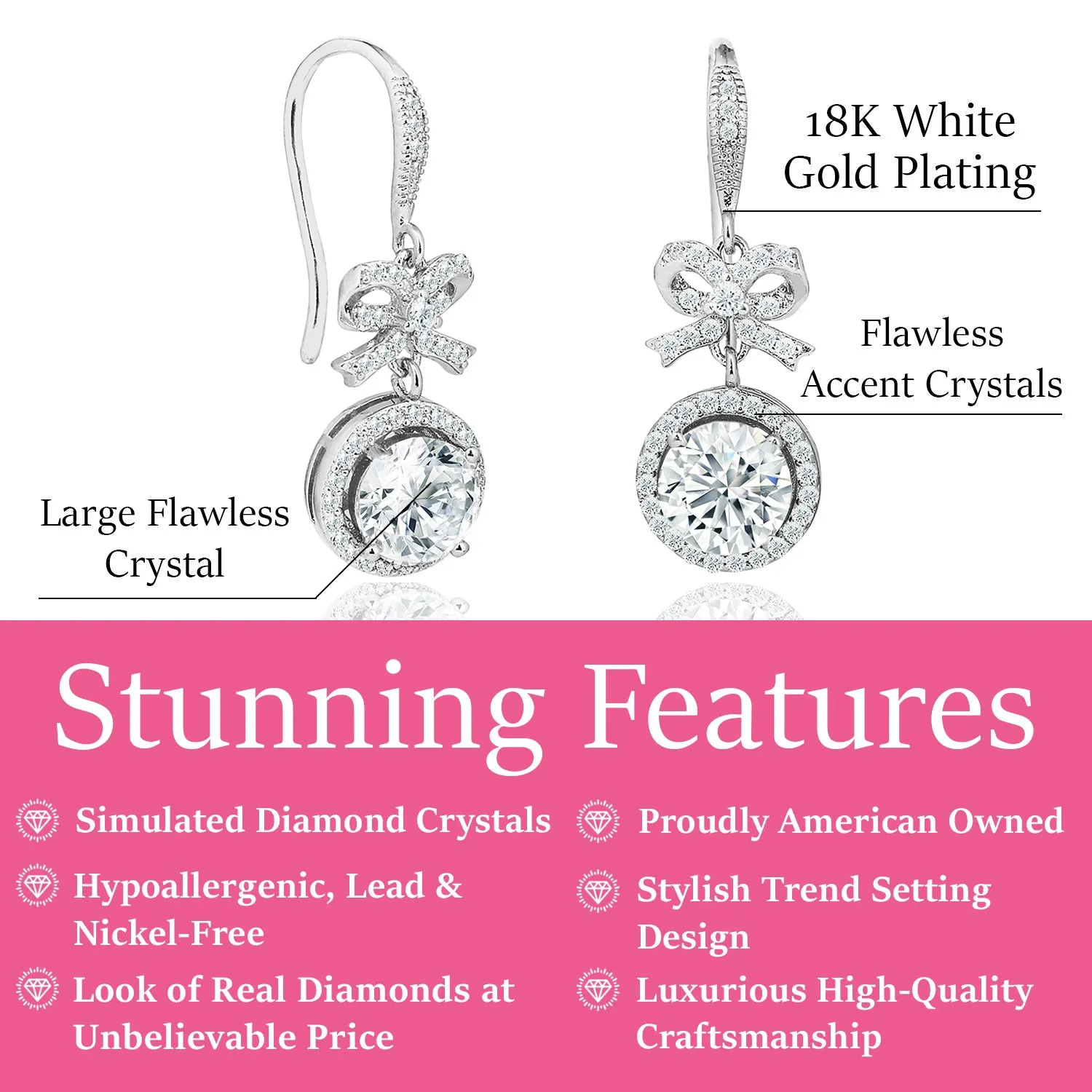 Seraphina 18k White Gold Plated Silver Bow Halo Drop Earrings with Simulated Diamond CZ Crystals