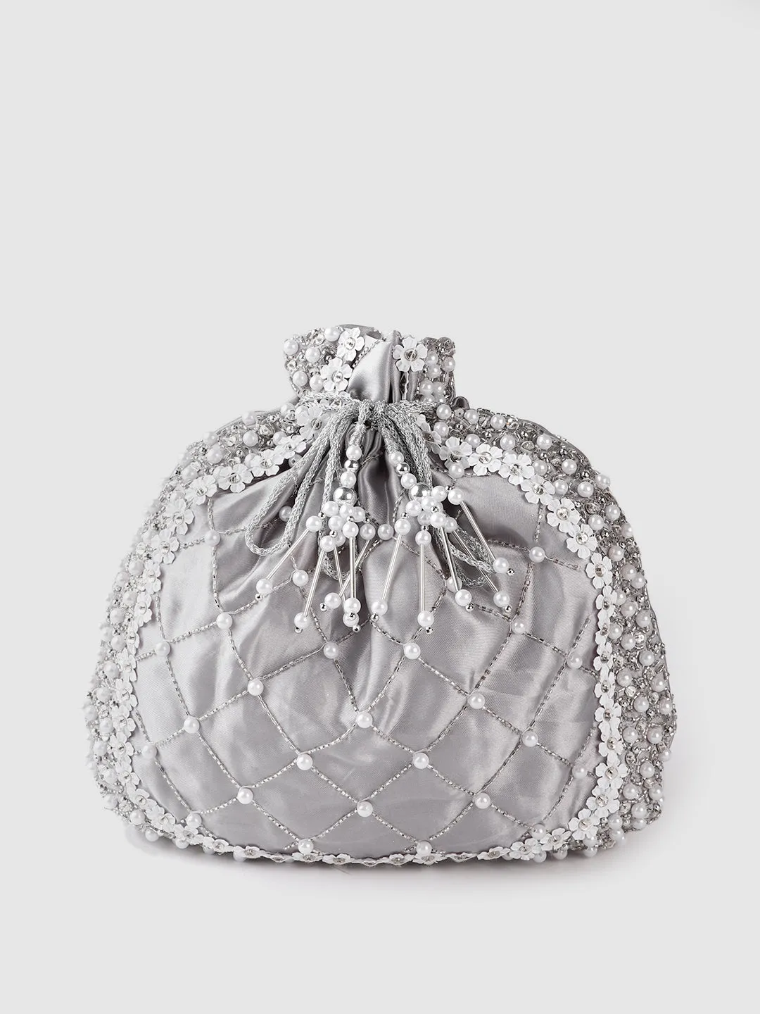 Silver Potli Bag With Silver crystals, white flowers, pearls and swarovski