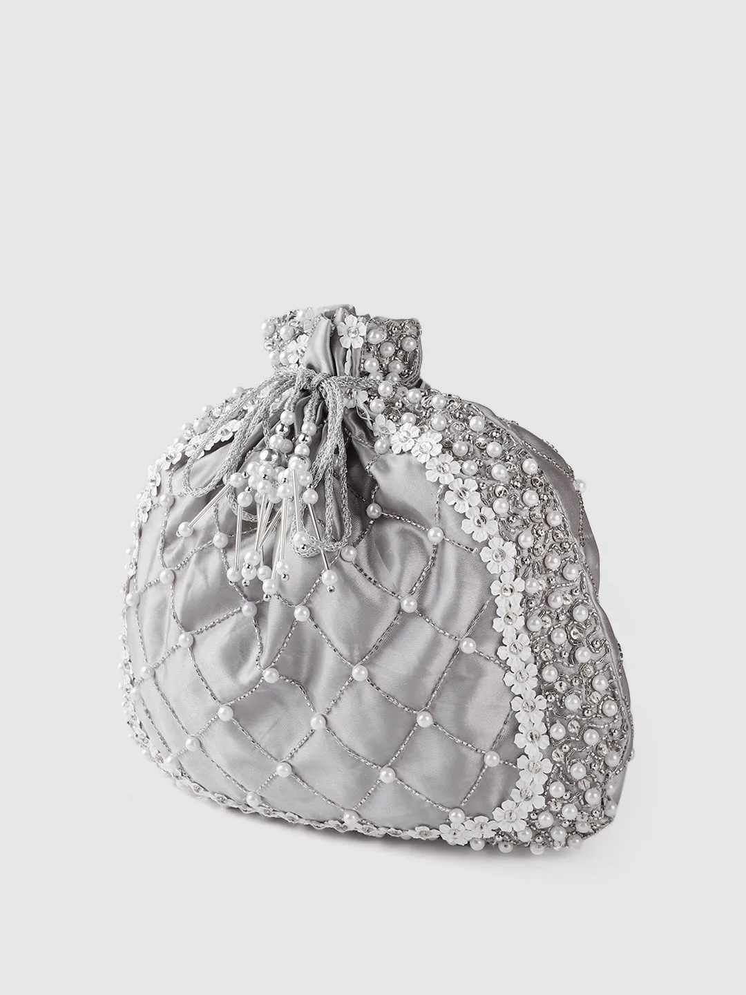 Silver Potli Bag With Silver crystals, white flowers, pearls and swarovski