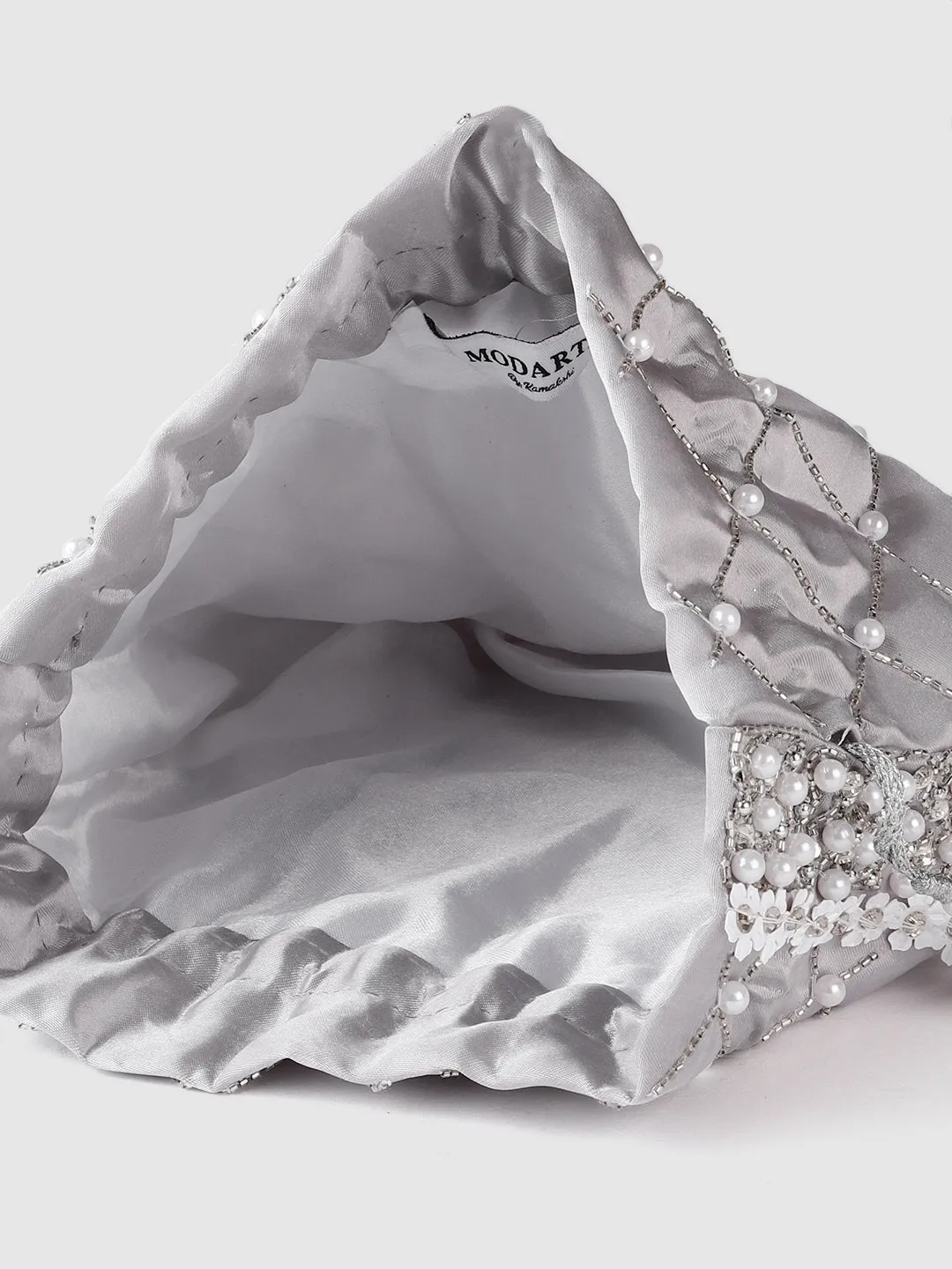 Silver Potli Bag With Silver crystals, white flowers, pearls and swarovski